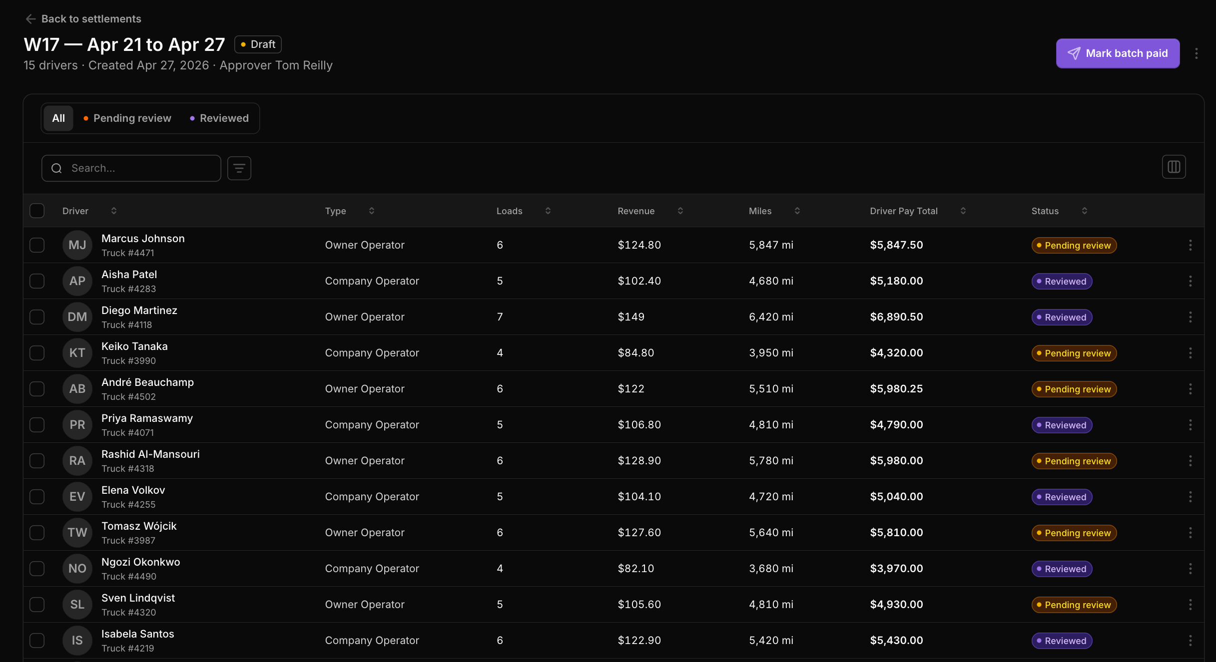 Driver pay — Settlements batch